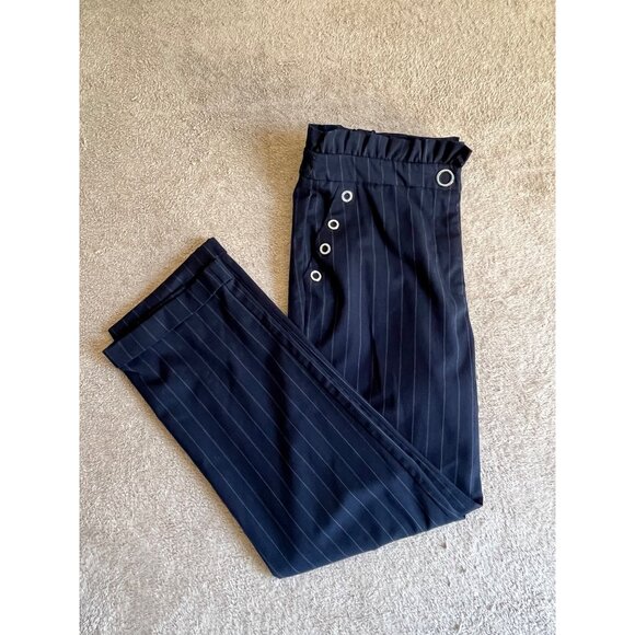 MNG Pants - MNG Casual Womens Navy Pinstripe Pants Ruffled Waist Eyelets EUR 40 / USA 8 / M
